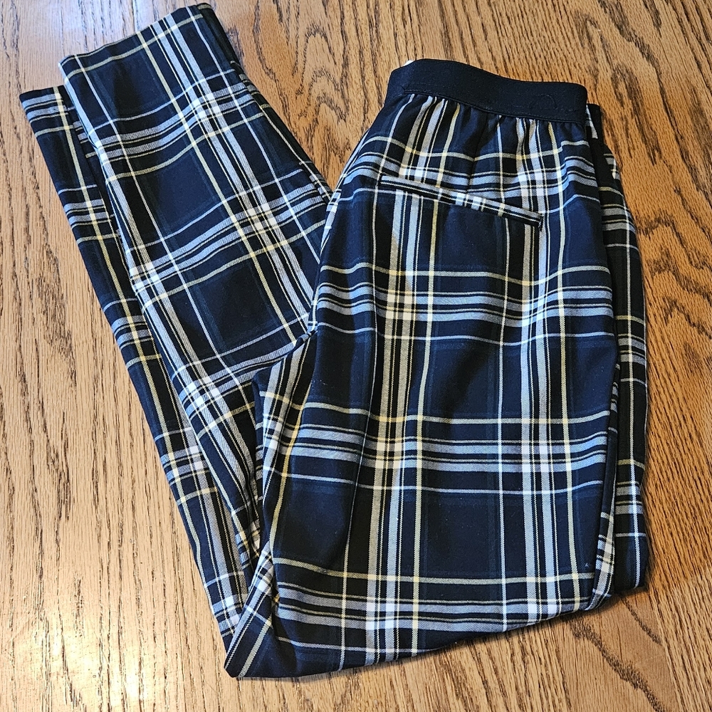 H & M Size 2 elastic waist straight leg pants. Green, black, yellow, white.